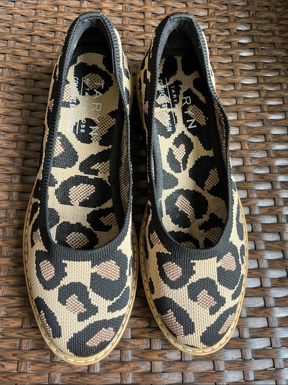 Taryn Rose Leopard Knit Slip-On Flats in Tan and Black
